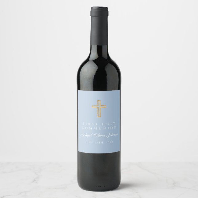 Elegant Blue Religious Cross Boy First Communion Wine Label (Front)