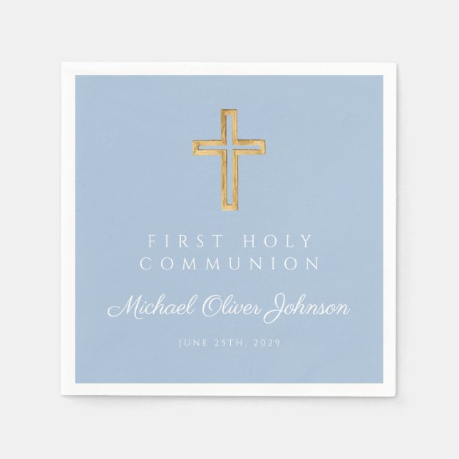 Elegant Blue Religious First Holy Communion Napkin (Front)