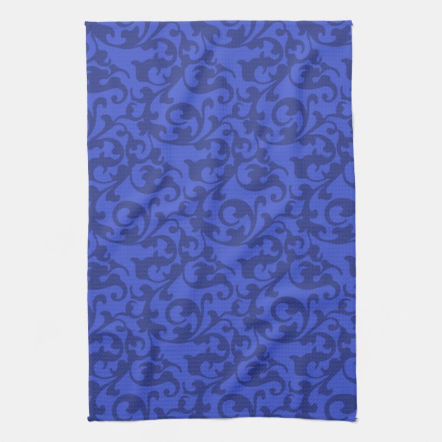 Elegant Blue Renaissance Damask Swirls Tea Towel (Vertical)