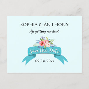 Elegant Blue Ribbon and Floral Save the Date Announcement Postcard
