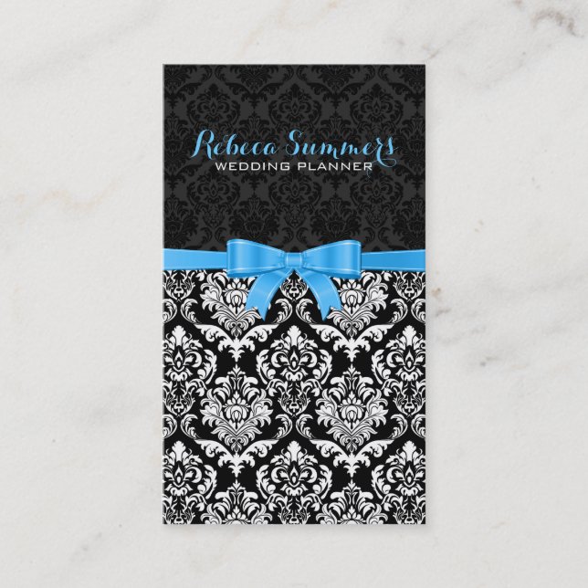 Elegant Blue Ribbon Black & White Damasks 2b Business Card (Front)