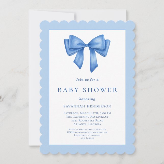 Elegant Blue Ribbon Bow Baby Shower Invitation (Front)