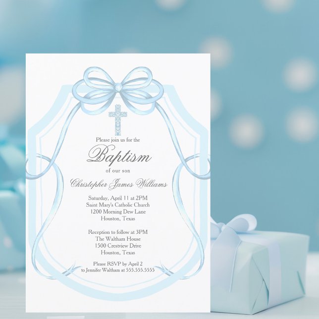 Elegant Blue Ribbon Bow Baptism Party Cross Invitation (Creator Uploaded)