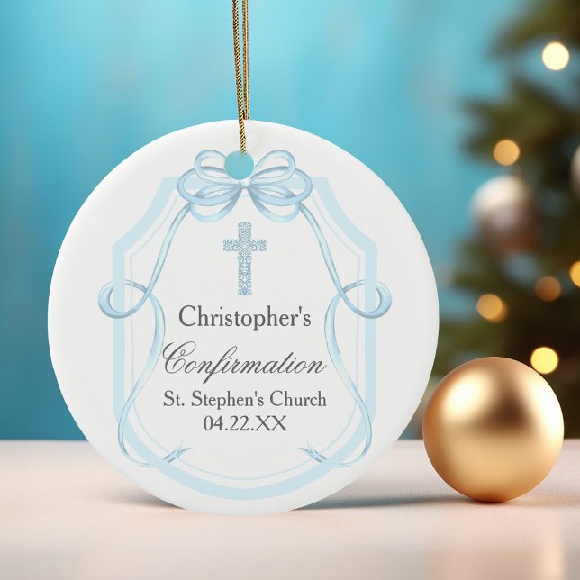 Elegant Blue Ribbon Bow Confirmation Gift Ceramic Ornament (Creator Uploaded)