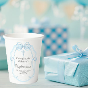 Elegant Blue Ribbon Bow Confirmation Party Paper Cups