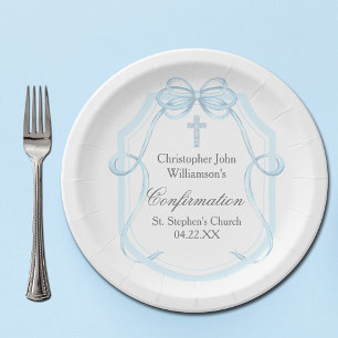 Elegant Blue Ribbon Bow Confirmation Party Paper Plate