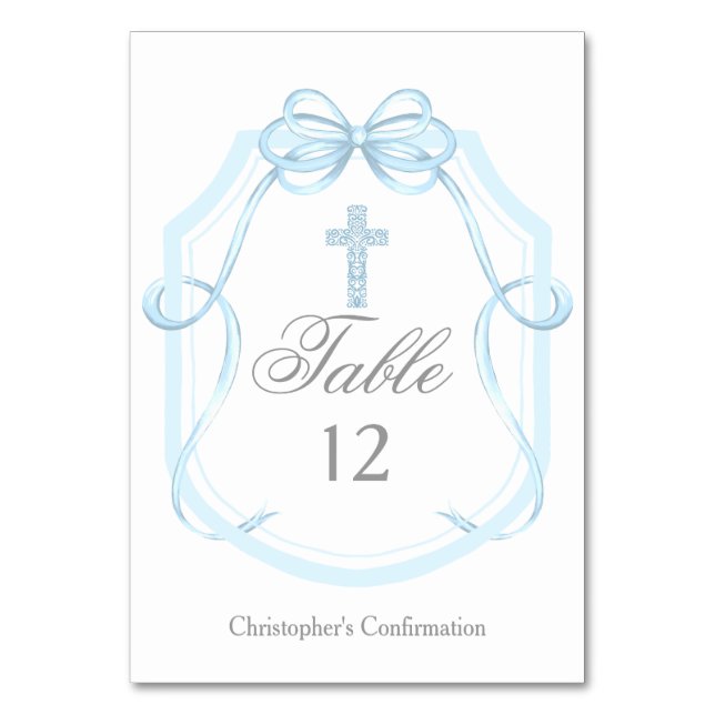 Elegant Blue Ribbon Bow Confirmation Party Table Number (Front)
