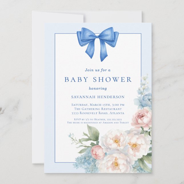 Elegant Blue Ribbon Bow Floral Baby Shower Invitation (Front)