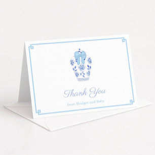 Elegant Blue Ribbon Ginger Jar Baby Boy Shower Thank You Card