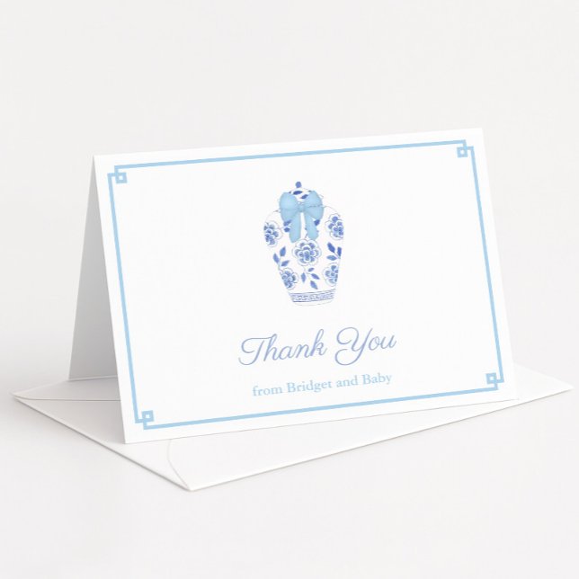 Elegant Blue Ribbon Ginger Jar Baby Boy Shower Thank You Card (Ginger jar with pale blue bow baby boy shower or wedding shower thank you cards)