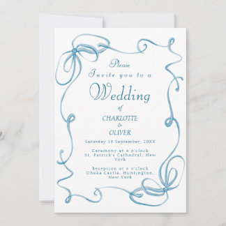 Elegant Blue Ribbon Watercolor Wedding Invitations
