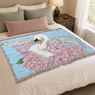 Elegant Blue Romantic Swan Peony Floral Throw Blanket