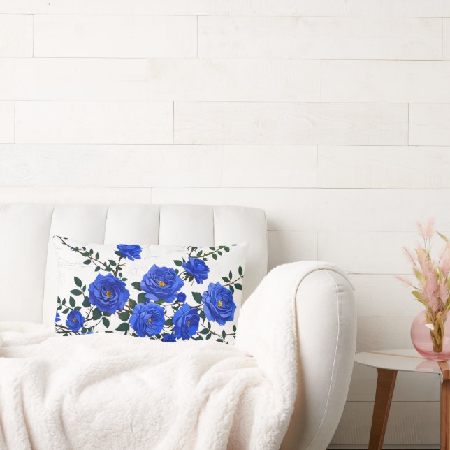 Elegant Blue Rose Branch Design Lumbar Cushion (Couch)