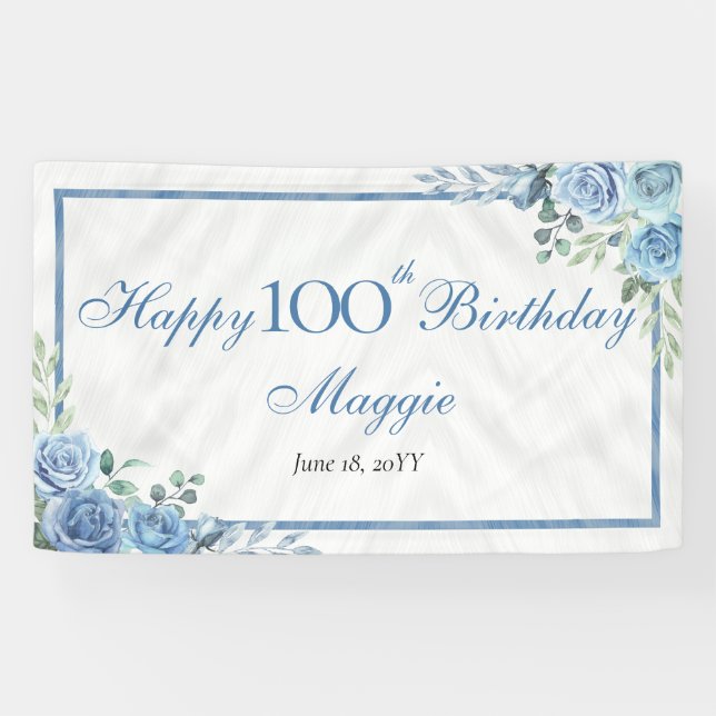 Elegant Blue Rose Floral 100th Birthday Party Banner (Horizontal)