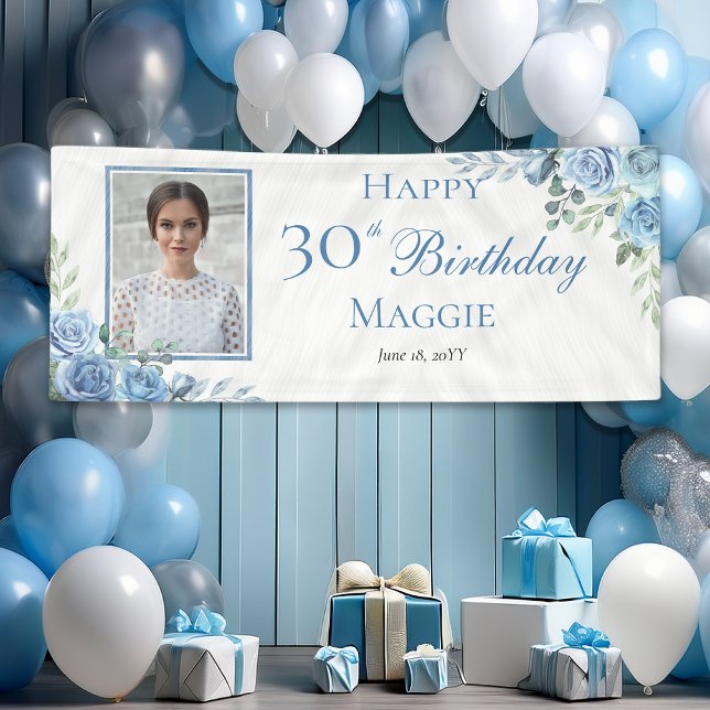 Elegant Blue Rose Floral Frame 30th Birthday Party Banner (Elegant Blue Rose Floral Photo Frame 30th Birthday Party Horizontal Banner)