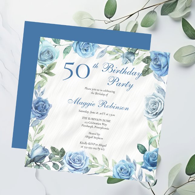 Elegant Blue Rose Floral Frame 50th Birthday Party Invitation (Elegant Blue Roses Floral Frame 50th Birthday Party Invitation - Available in Print and/or Digital)