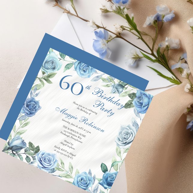 Elegant Blue Rose Floral Frame 60th Birthday Party Invitation (Elegant Blue Roses Floral Frame 60th Birthday Party Invitation - Available in Print and/or Digital)
