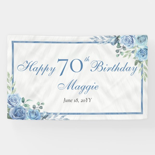 Elegant Blue Rose Floral Frame 70th Birthday Party Banner (Horizontal)