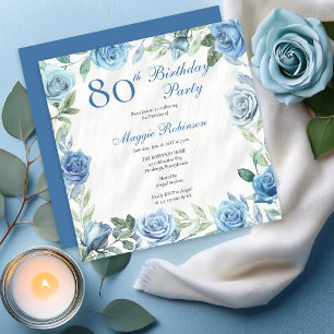 Elegant Blue Rose Floral Frame 80th Birthday Party Invitation