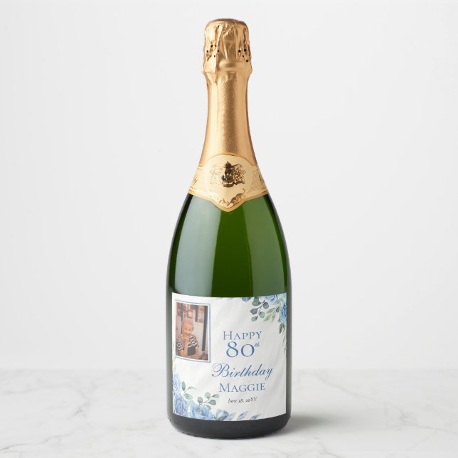 Elegant Blue Rose Floral Frame 80th Birthday Party Sparkling Wine Label (Front)