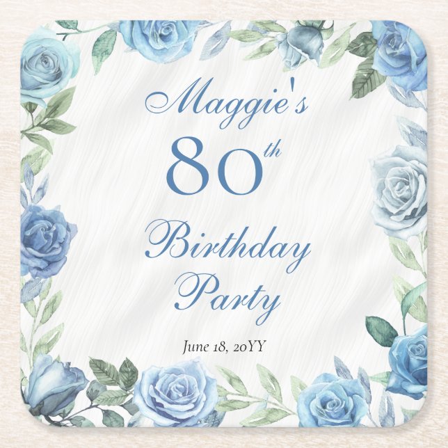 Elegant Blue Rose Floral Frame 80th Birthday Party Square Paper Coaster (Front)