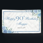 Elegant Blue Rose Floral Frame 90th Birthday Party Banner<br><div class="desc">Elegant blue and white with dusky sage green greenery floral frame "Happy Birthday" party celebration design.</div>