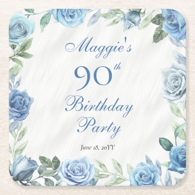 Elegant Blue Rose Floral Frame 90th Birthday Party Square Paper Coaster (Front)
