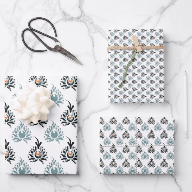 Elegant Blue Rose Floral Pattern Wrapping Paper Sheet (Front)