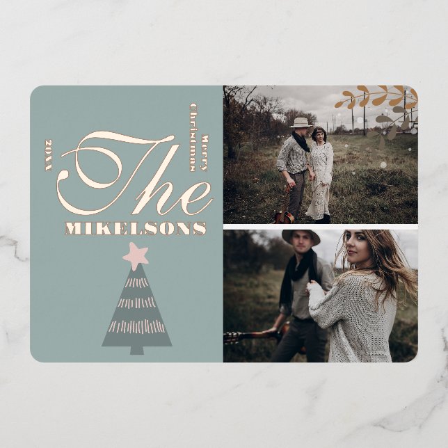 Elegant Blue Rose Gold Boho Christmas Foil Holiday Card (Front)