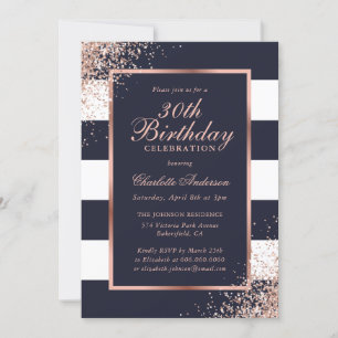 Elegant Blue Rose Gold Confetti 30th Birthday Invitation