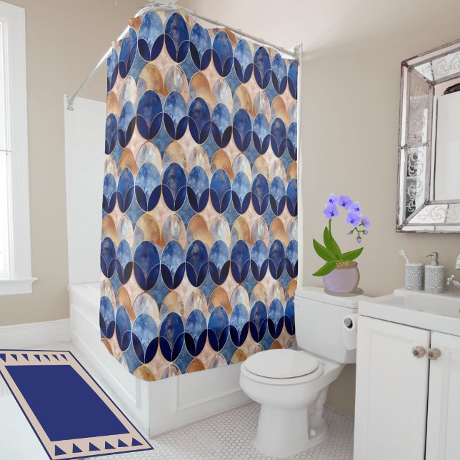 Elegant Blue + Rose Gold Luxury Geometric Pattern Shower Curtain (Add glam luxury to your bathroom with this elegant  blue + rose gold oval pattern shower curtain.)