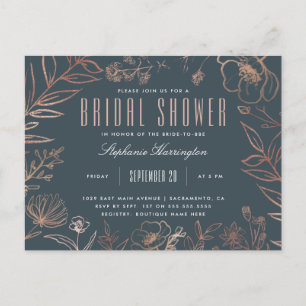 Elegant Blue & Rose Gold Meadow Bridal Shower Invitation Postcard