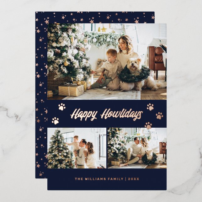 Elegant Blue Rose Gold Photo Happy Howlidays Foil Holiday Card (Front/Back)