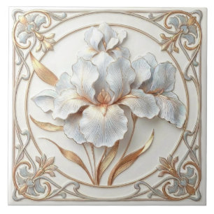 Elegant Blue Rose Gold Stylised Lilies Ceramic Tile