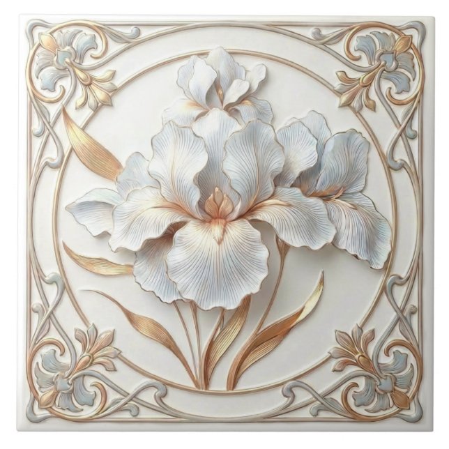Elegant Blue Rose Gold Stylised Lilies Ceramic Tile (Front)