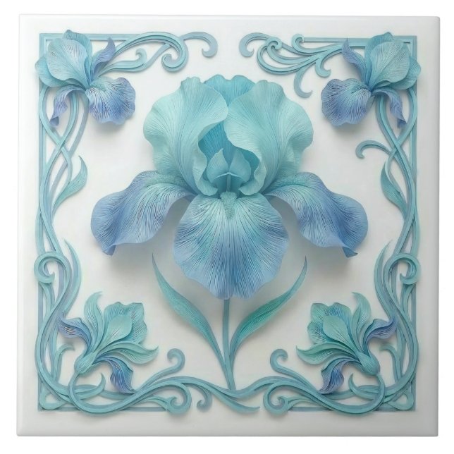 Elegant Blue Rose Gold Stylized Lilies Ceramic Tile (Front)