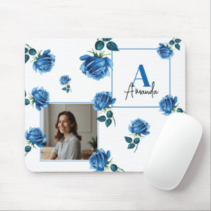 Elegant Blue Rose Monogram Custom Mum Mouse Pad