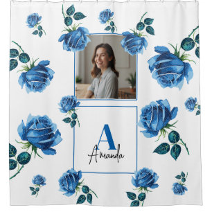 Elegant Blue Rose Monogram Custom Mum Shower Curtain