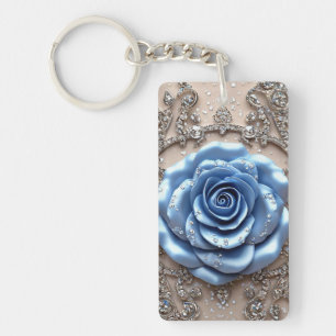 Elegant Blue Rose with Glittering Diamonds Key Ring