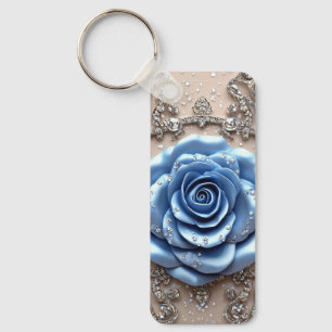 Elegant Blue Rose with Glittering Diamonds Key Ring