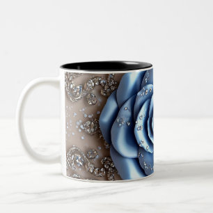 Elegant Blue Rose with Glittering Diamonds Two-Tone Coffee Mug