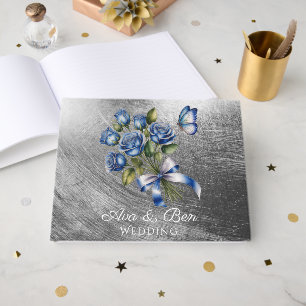 Elegant Blue Roses and Butterfly Silver Wedding Guest Book