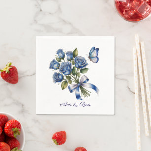Elegant Blue Roses and Butterfly Silver Wedding Napkin