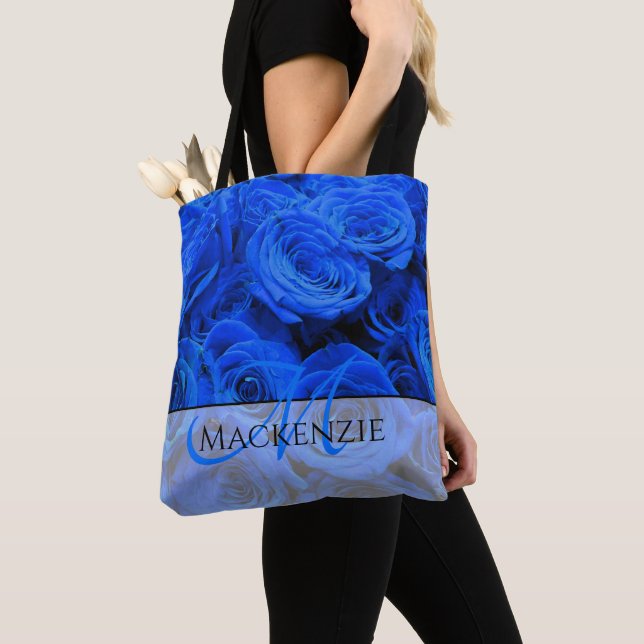 Elegant blue roses blue flowers blue floral tote bag (Close Up)