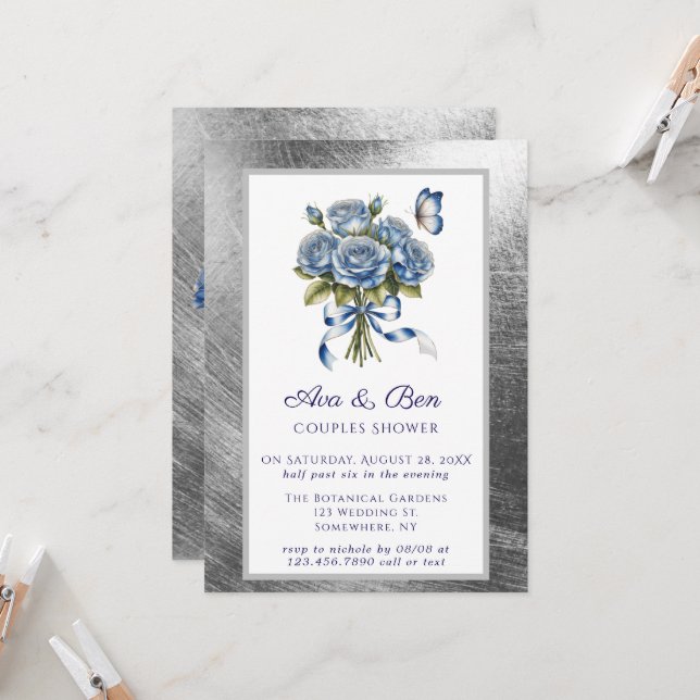 Elegant Blue Roses Butterfly Silver Couples Shower Invitation (Front/Back In Situ)