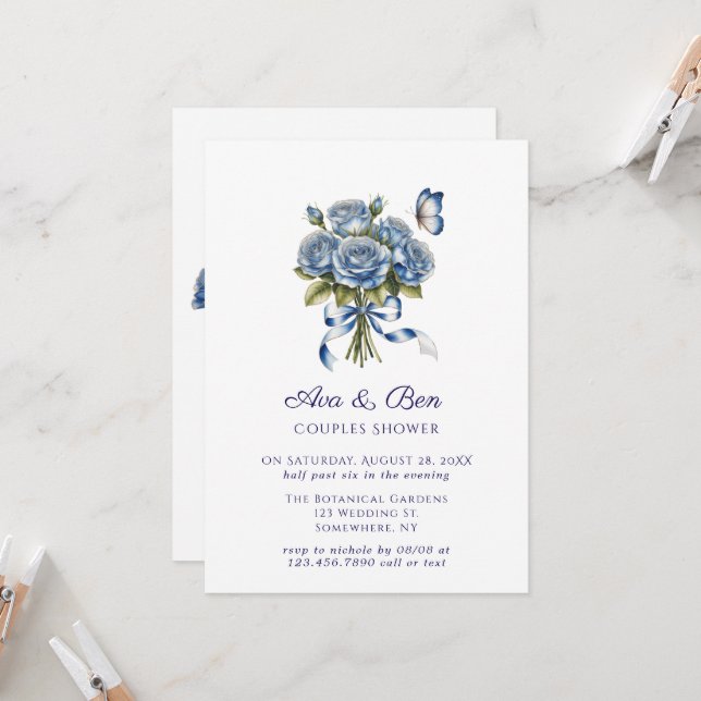 Elegant Blue Roses Butterfly Silver Couples Shower Invitation (Front/Back In Situ)