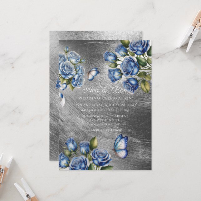 Elegant Blue Roses Butterfly Silver Wedding Invitation (Front/Back In Situ)