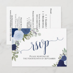Elegant Blue Roses Floral Calligraphy Wedding RSVP Card