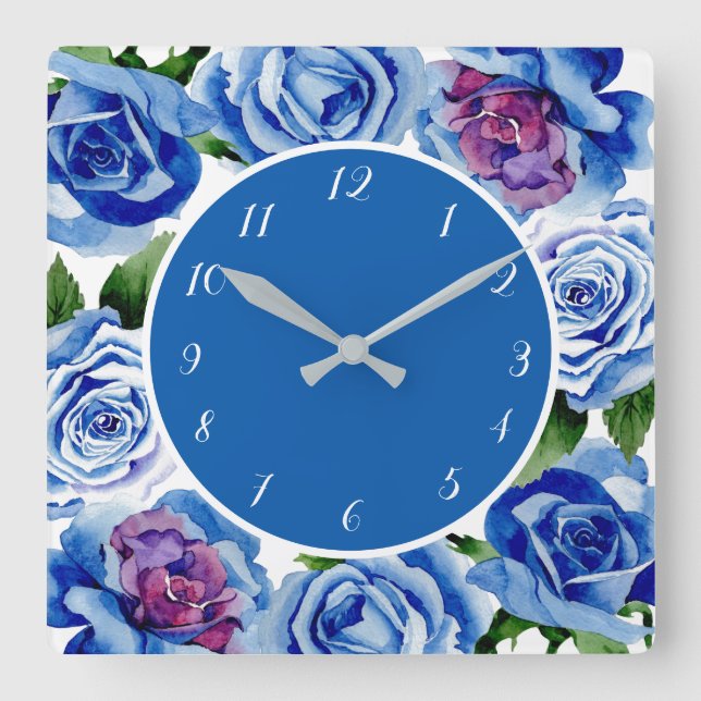 Elegant Blue Roses Floral Decorative Square Wall Clock (Front)