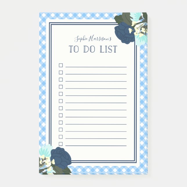 Elegant Blue Roses Floral Gingham To Do List Post-it Notes (Front)